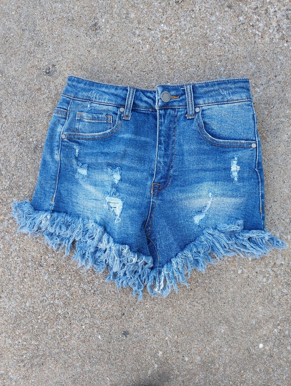 Frayed Hem Distressed Denim Shorts - Blue